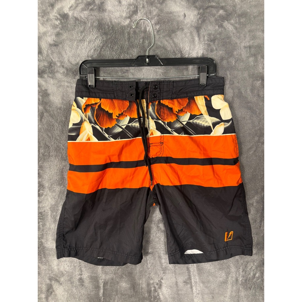 Amplify Mens Floral Striped Swim Trunks Black Orange Tropical Board Shorts Med
